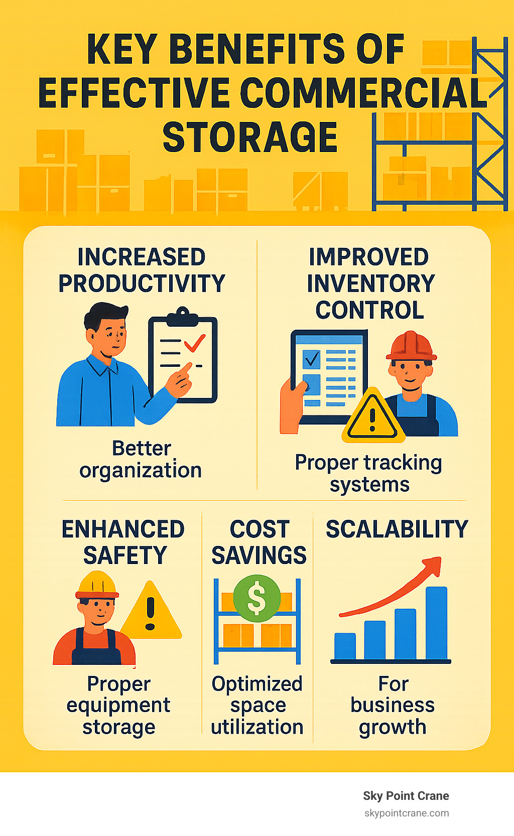 Infographic showing the key benefits of effective commercial storage including increased productivity through better organization, improved inventory control with proper tracking systems, improved safety through proper equipment storage, cost savings from optimized space utilization, and scalability for business growth - commercial storage solutions infographic 