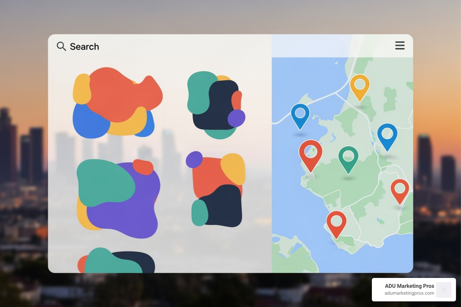 A search engine results page for "ADU builder Los Angeles" with the top organic results and map pack highlighted - ADU website optimization
