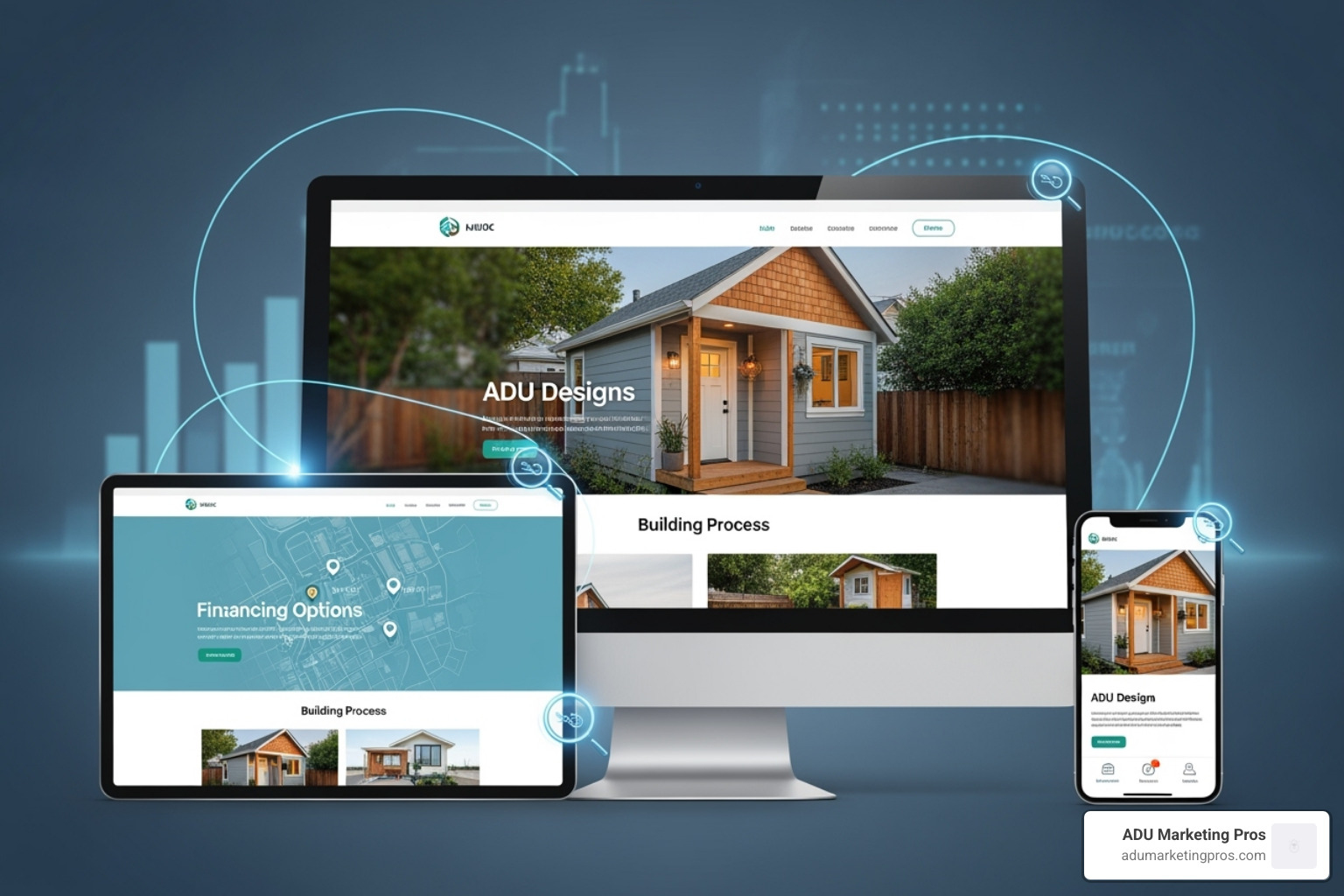 A side-by-side comparison of a cluttered, confusing ADU website versus a clean, modern, and easy-to-steer design - ADU website optimization