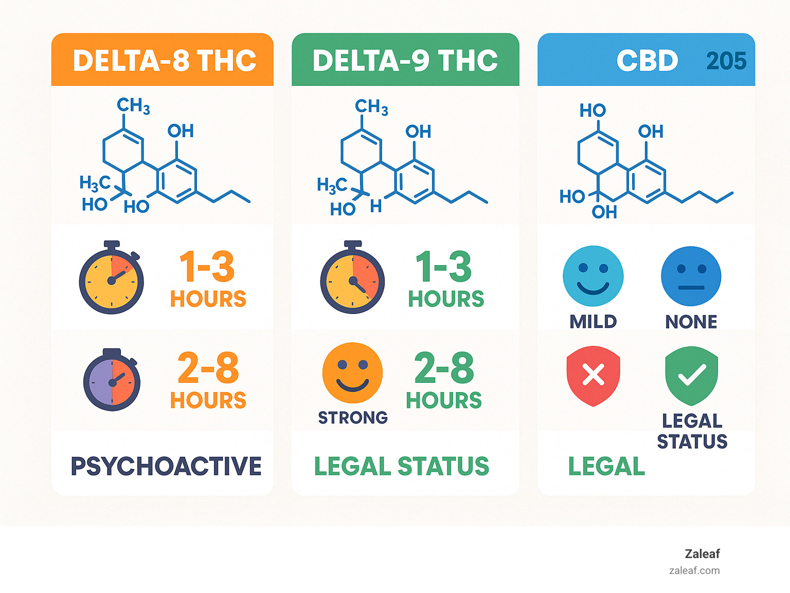 Detailed infographic showing the molecular structures and effects comparison between Delta-8 THC, Delta-9 THC, and CBD, including onset times, duration, psychoactive levels, and legal status - d8 infographic 