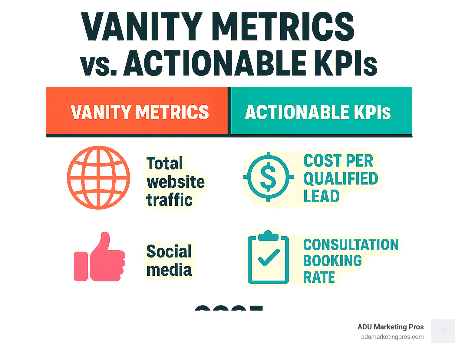 A table comparing Vanity Metrics (e.g., total website traffic, social media likes) vs. Actionable KPIs (e.g., Cost Per Qualified Lead, Consultation Booking Rate) - ADU website optimization infographic 