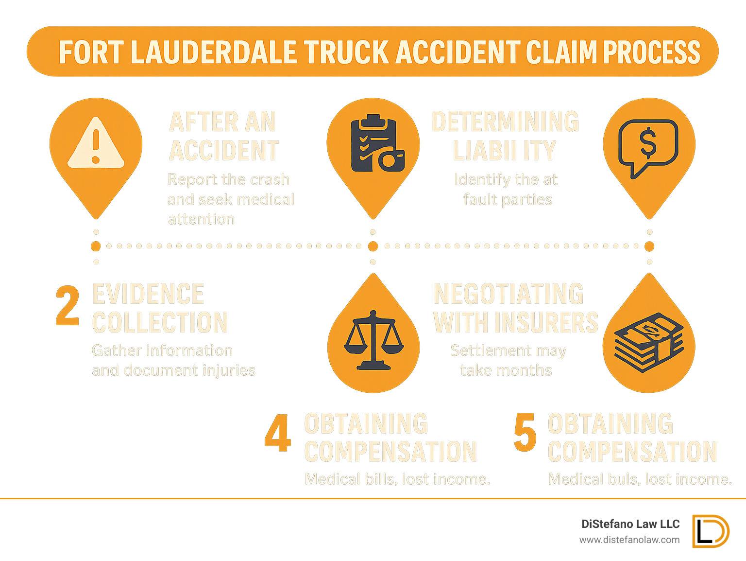 Infographic showing the step-by-step process of a Fort Lauderdale truck accident claim, including immediate steps after an accident, evidence collection, liability determination, insurance negotiation, and potential compensation types with timeline expectations - truck accident lawyer fort lauderdale infographic 