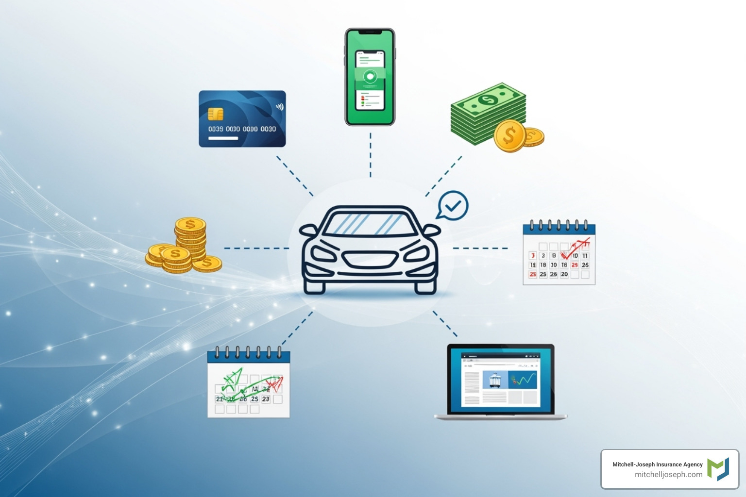 collage showing different payment methods: a credit card, a check, a phone, and a laptop screen with a payment portal - auto insurance payment options collage showing different payment methods: a credit card, a check, a phone, and a laptop screen with a payment portal - auto insurance payment options