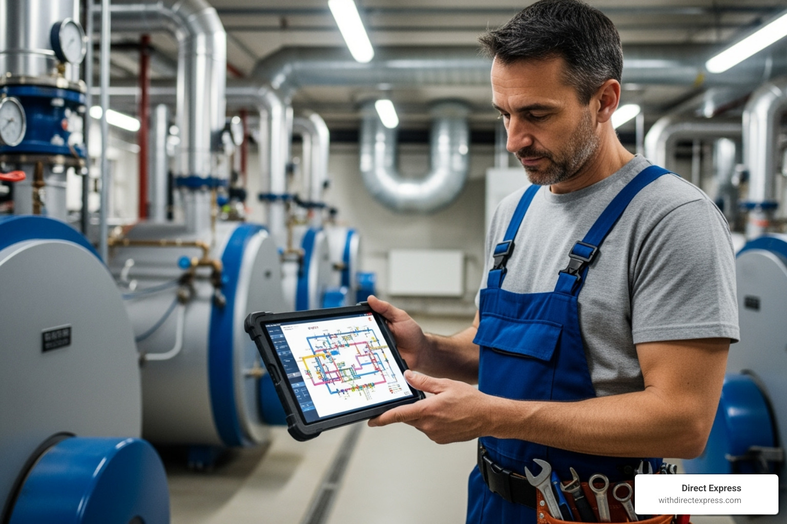 a professional plumber reviewing blueprints on a tablet - plumbing services