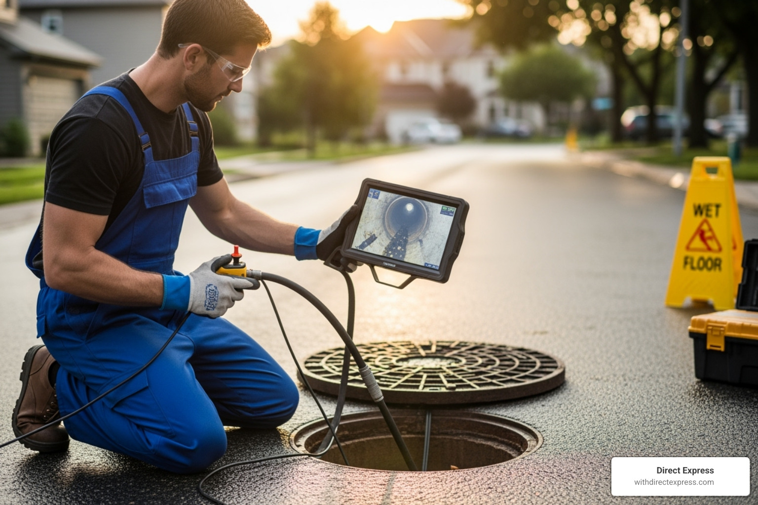 a technician performing a video camera sewer inspection - plumbing services