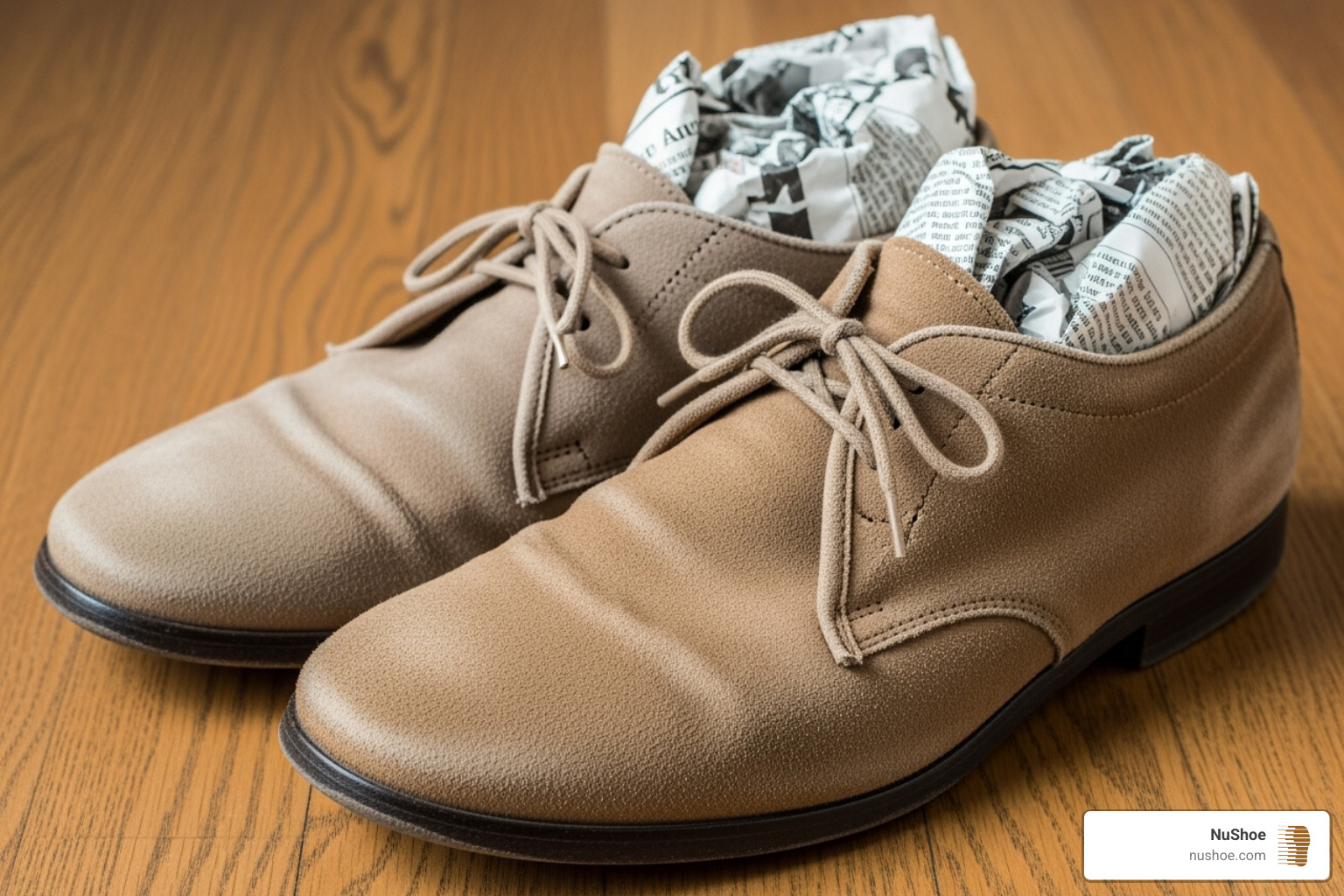 suede shoes stuffed with newspaper with the laces removed - how to renew suede shoes
