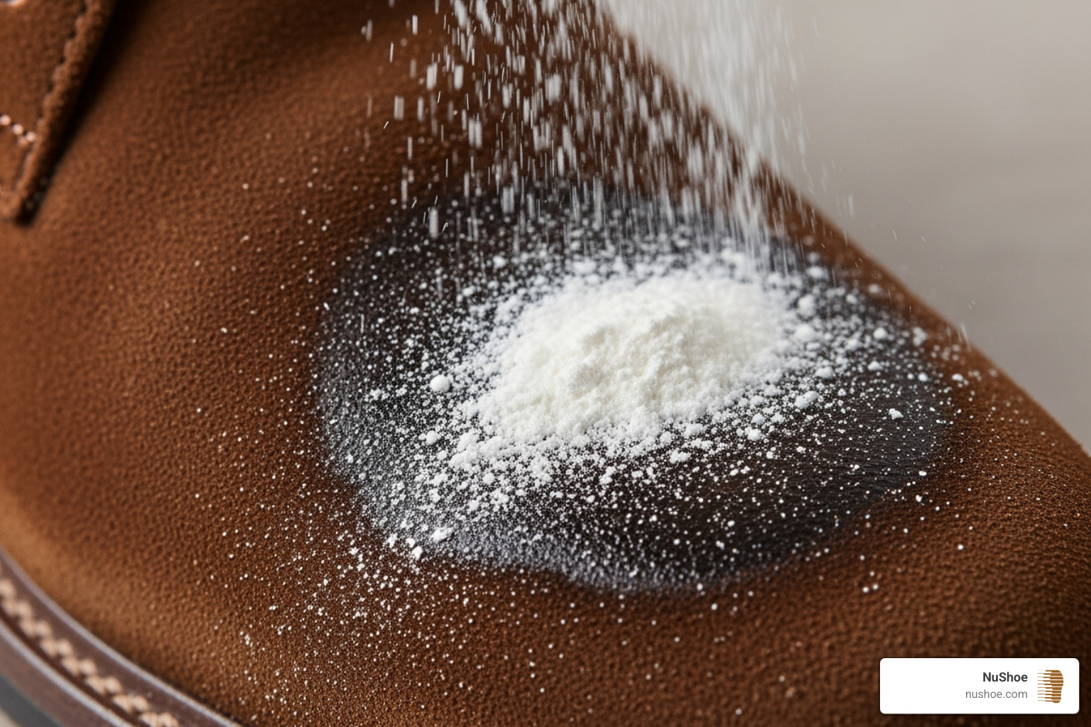 cornstarch being sprinkled on an oil stain on a suede shoe - how to renew suede shoes