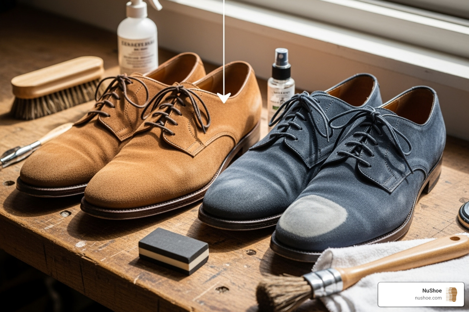 A complete suede care kit laid out on a wooden surface - how to renew suede shoes