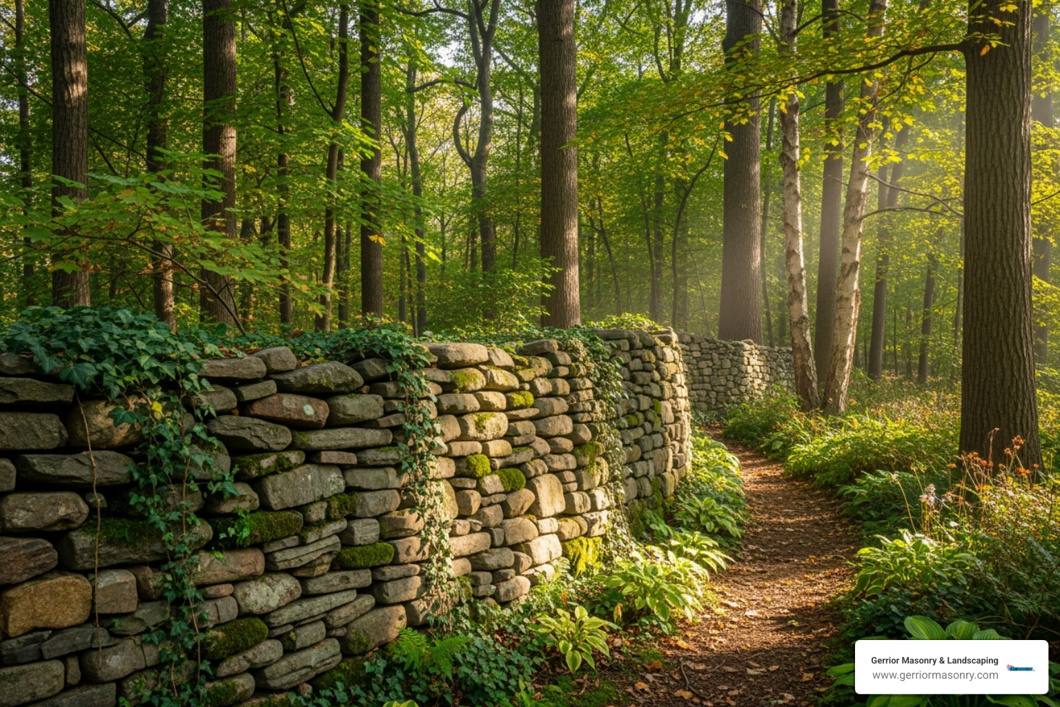 rustic fieldstone wall blending into a woodland garden - natural stone garden wall rustic fieldstone wall blending into a woodland garden - natural stone garden wall