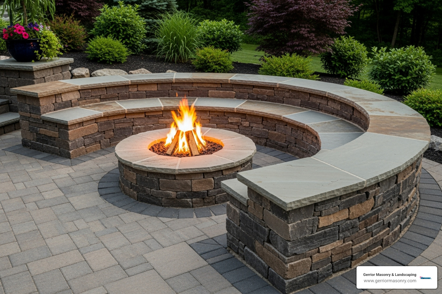 low, curved stone wall acting as seating around a fire pit - natural stone garden wall low, curved stone wall acting as seating around a fire pit - natural stone garden wall