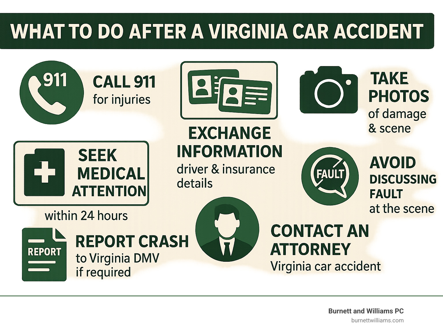 Infographic showing immediate steps after a Virginia car accident: call 911 for injuries, exchange driver information and insurance details, take photos of vehicle damage and accident scene, seek medical attention within 24 hours, report crash to Virginia DMV if required, contact a Virginia car accident attorney, and avoid discussing fault at the scene - car injury attorney near me infographic Infographic showing immediate steps after a Virginia car accident: call 911 for injuries, exchange driver information and insurance details, take photos of vehicle damage and accident scene, seek medical attention within 24 hours, report crash to Virginia DMV if required, contact a Virginia car accident attorney, and avoid discussing fault at the scene - car injury attorney near me infographic