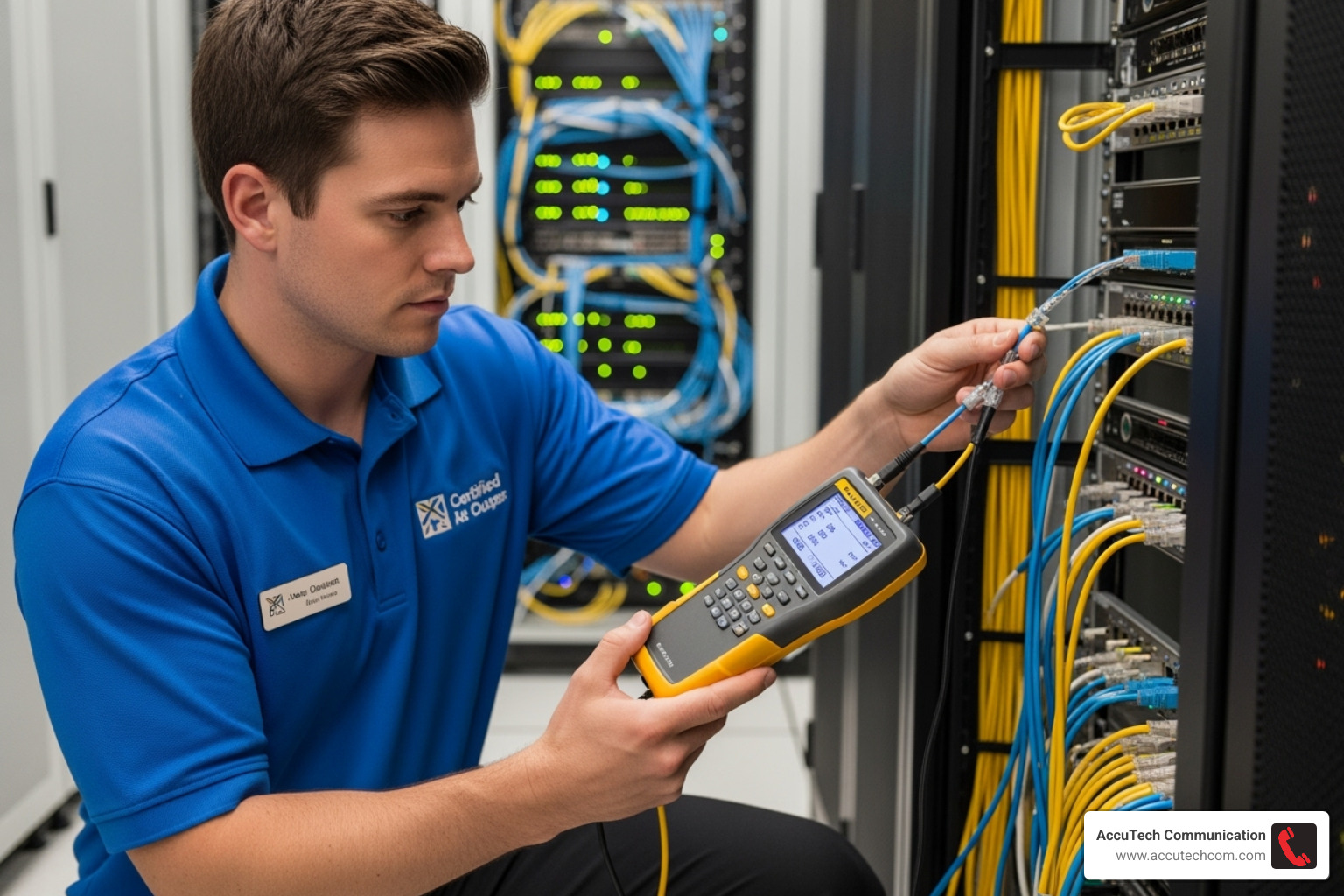 Certified technician using a Fluke network tester - data cabling price per point