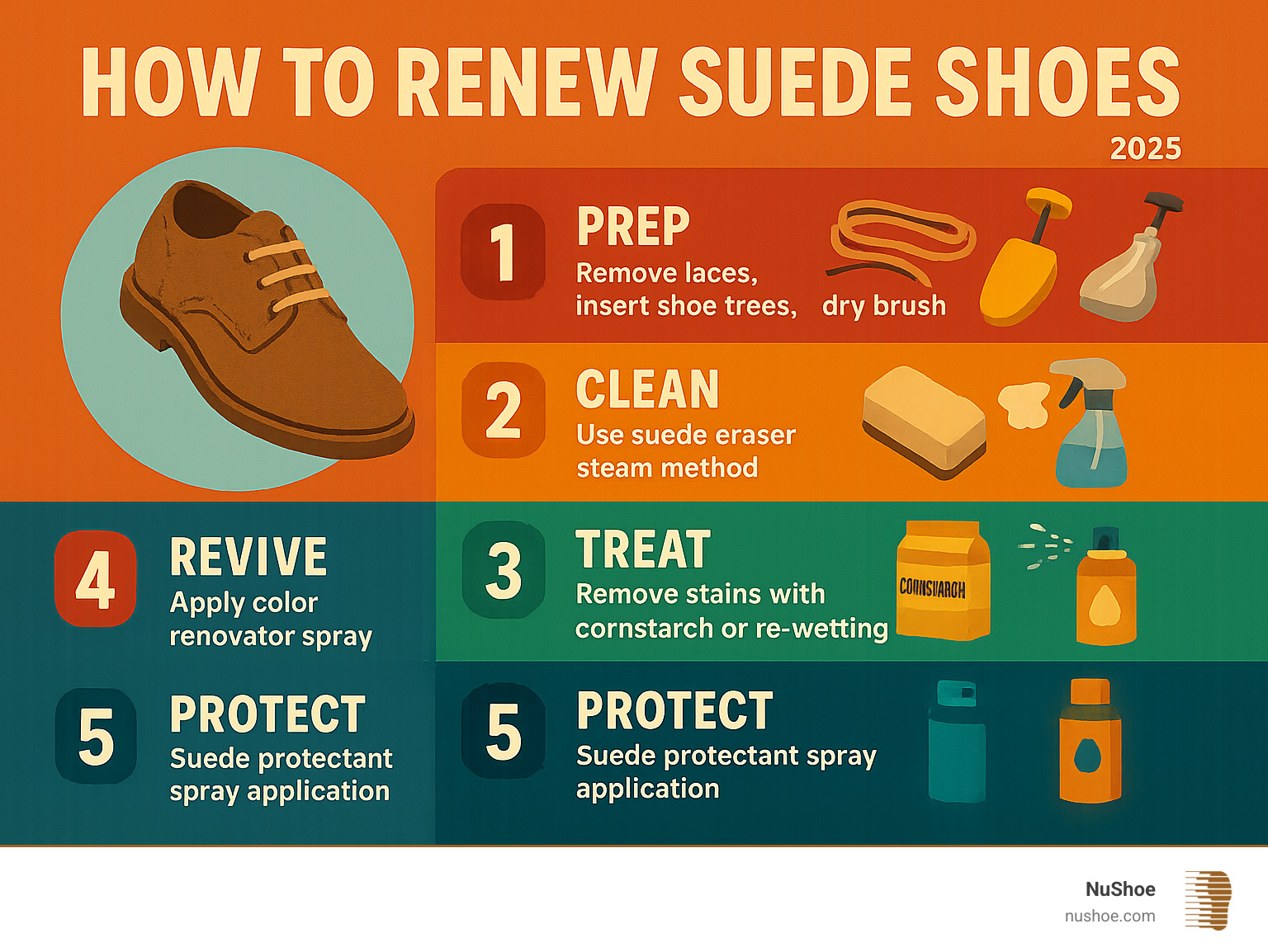 Infographic showing the 5 key stages of suede renewal: Stage 1 - Prep (remove laces, insert shoe trees, dry brush), Stage 2 - Clean (use suede eraser, steam method), Stage 3 - Treat (remove stains with cornstarch or re-wetting), Stage 4 - Revive (apply color renovator spray), Stage 5 - Protect (suede protectant spray application) - how to renew suede shoes infographic 