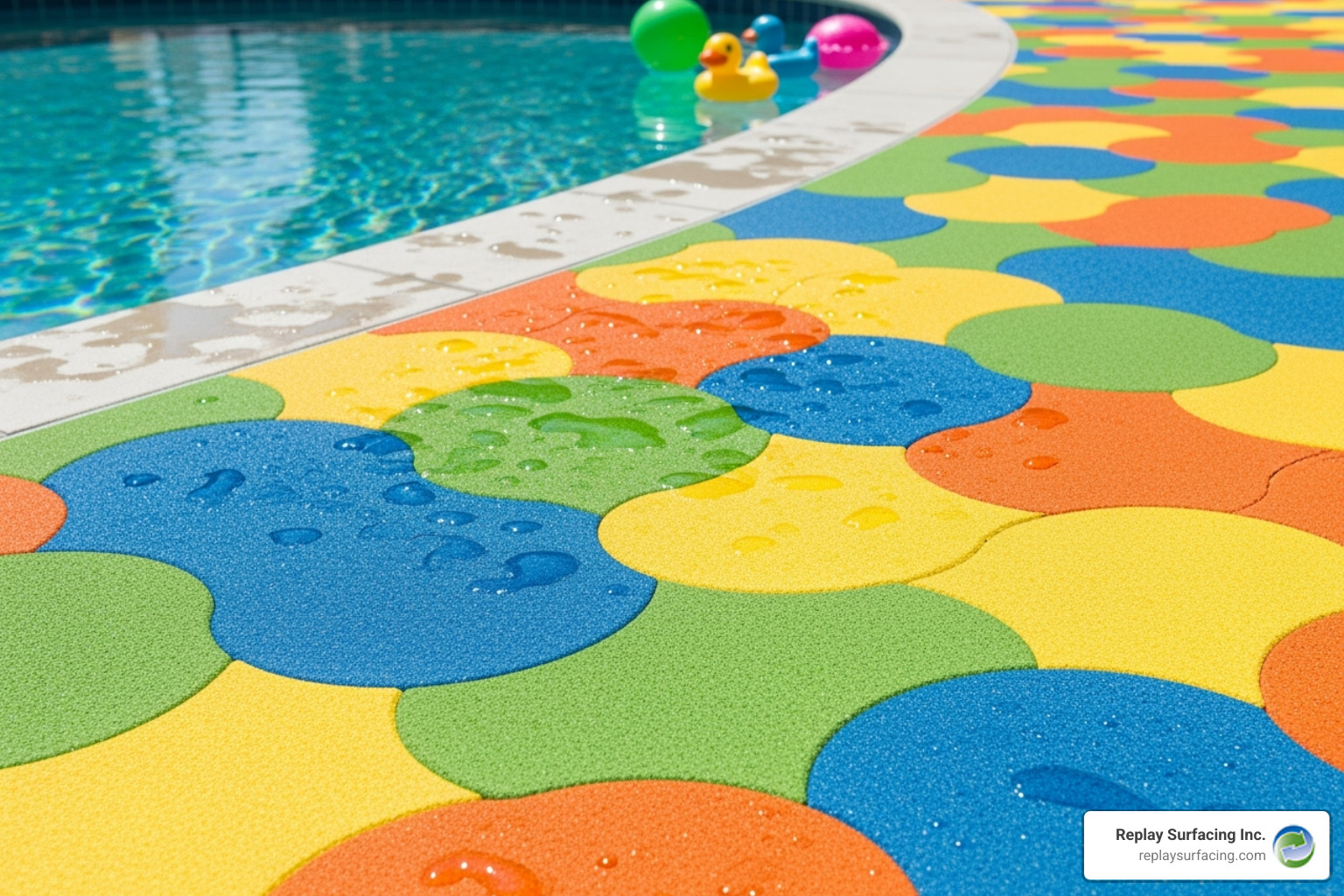 vibrant, seamless rubber pool deck - pool deck resurfacing ideas