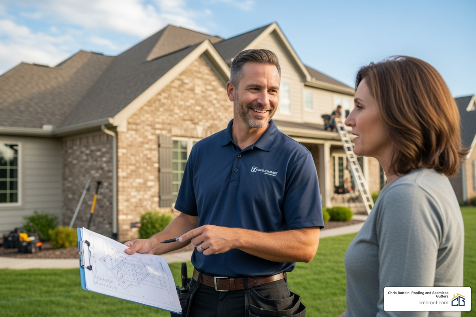 Friendly contractor discussing a roofing project with a homeowner, pointing to roof plans on a clipboard - roofing experts near me Friendly contractor discussing a roofing project with a homeowner, pointing to roof plans on a clipboard - roofing experts near me