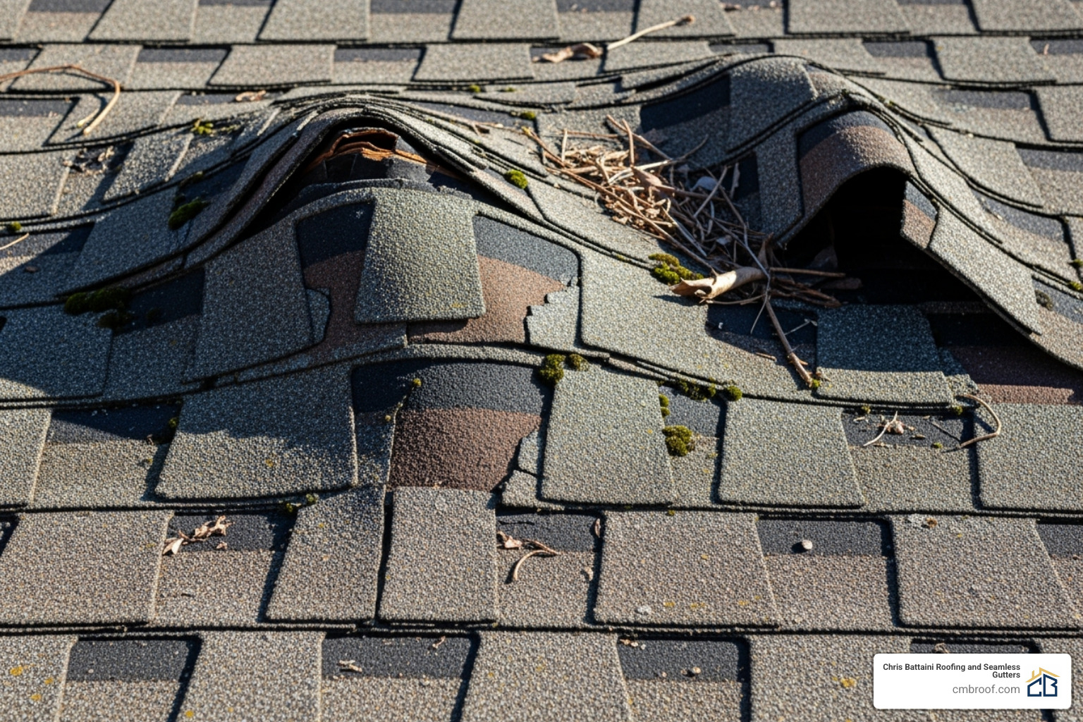 Curling and buckling asphalt shingles on a roof, indicating potential damage - roofing experts near me Curling and buckling asphalt shingles on a roof, indicating potential damage - roofing experts near me