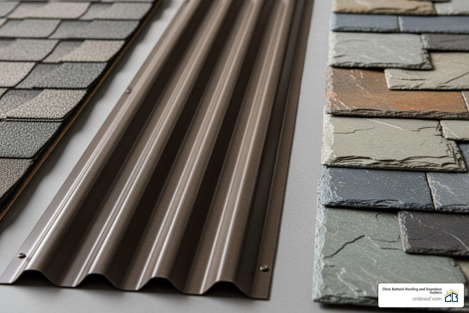 Samples of different roofing materials like asphalt shingles, metal, and slate laid out for comparison - roofing experts near me Samples of different roofing materials like asphalt shingles, metal, and slate laid out for comparison - roofing experts near me