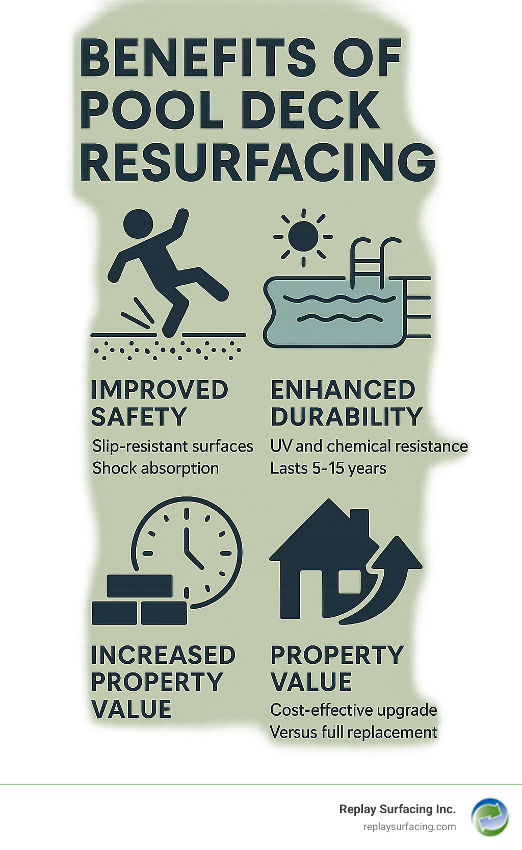 Infographic showing three key benefits of pool deck resurfacing: Improved Safety with slip-resistant surfaces and shock absorption, Improved Durability with UV and chemical resistance lasting 5-15 years, and Increased Property Value with cost-effective upgrades versus full replacement - pool deck resurfacing ideas infographic 