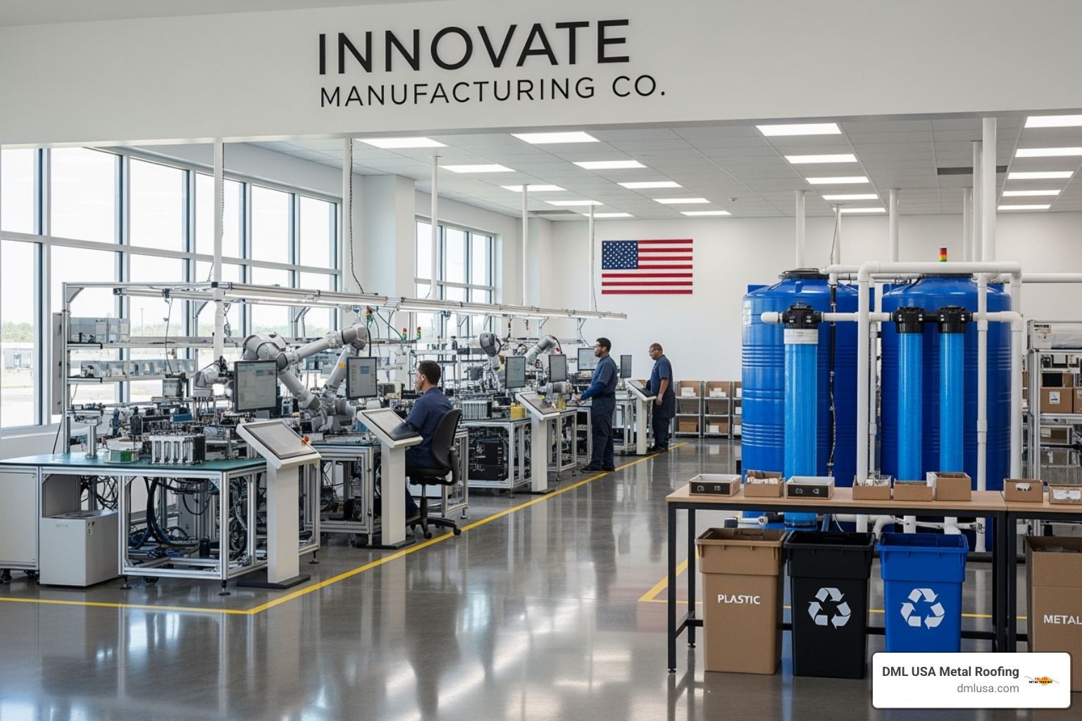 A DML USA manufacturing facility highlighting a recycling or water conservation system, with modern machinery and a clean, organized environment - concrete roof tile manufacturers usa