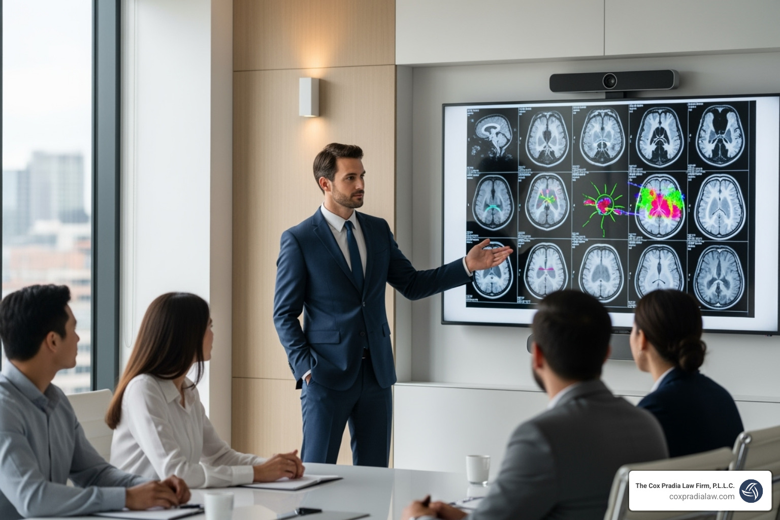 a lawyer presenting complex medical scans in a meeting - traumatic brain injury law firm