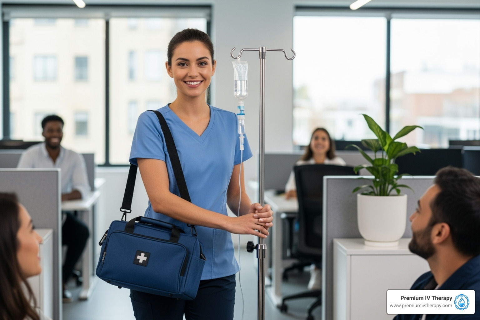 friendly nurse arriving at an office setting for a corporate wellness event - mobile iv therapy services