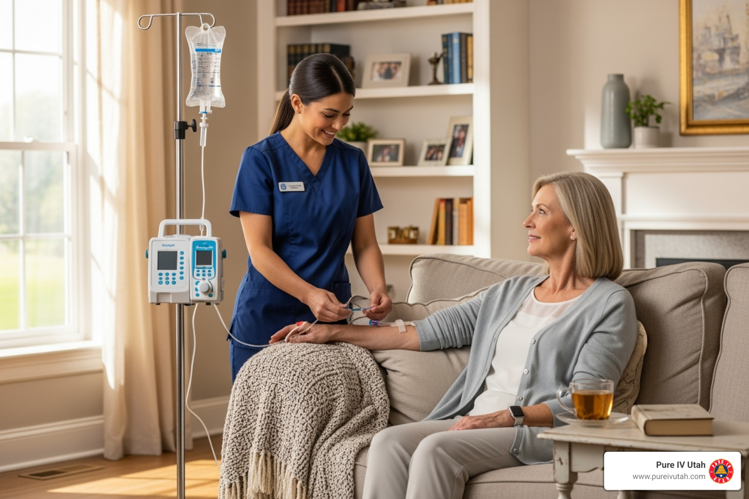 Licensed nurse administering an IV drip in a person's living room - iv fluids for dehydration near me