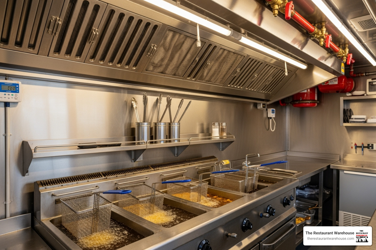 food truck interior showing a complete fry station with hood, fire suppression system, and stainless steel walls - food truck with fryers