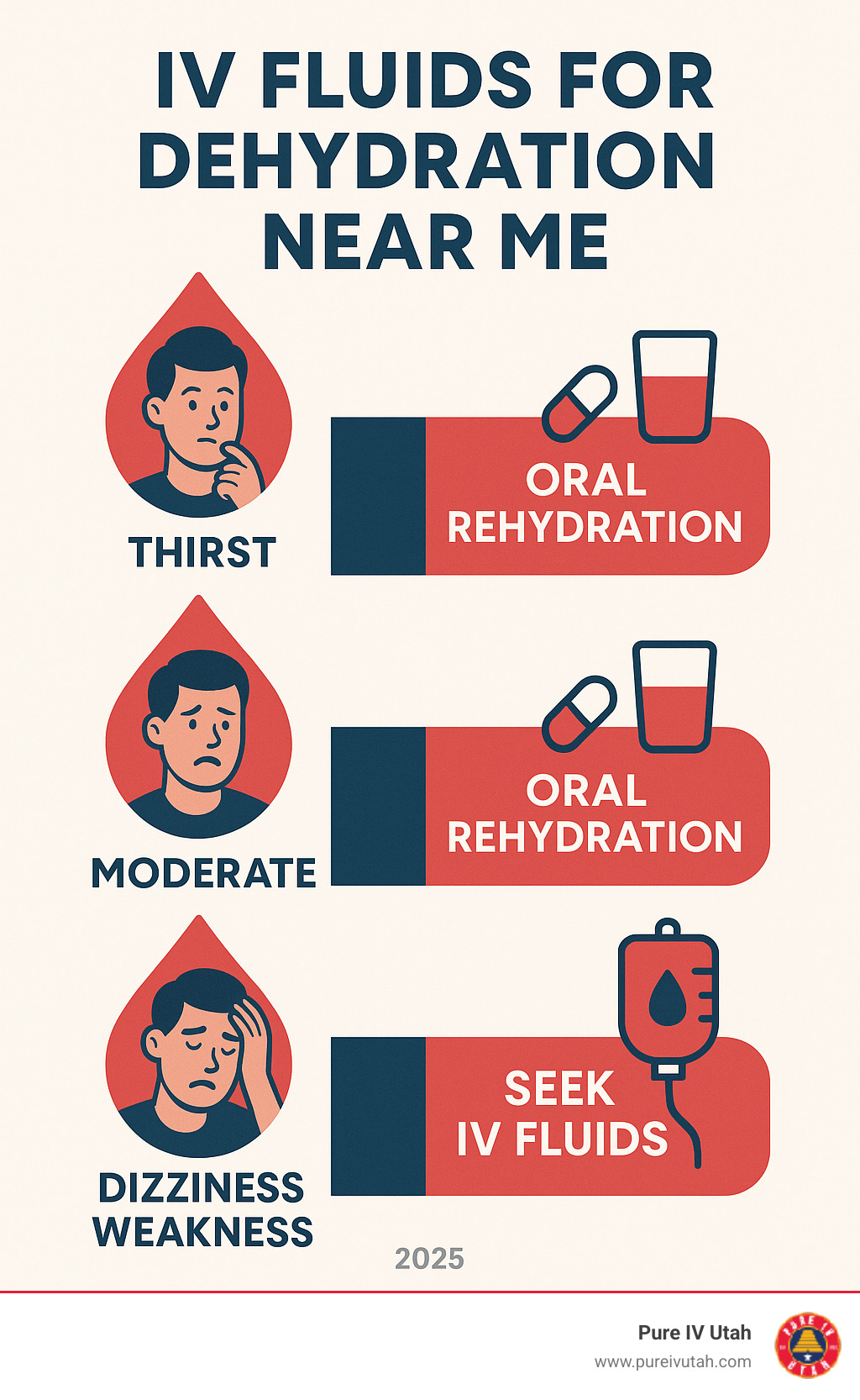 Infographic showing the stages of dehydration from mild thirst to severe symptoms, with treatment options for each stage including when to seek IV fluids versus oral rehydration - iv fluids for dehydration near me infographic 