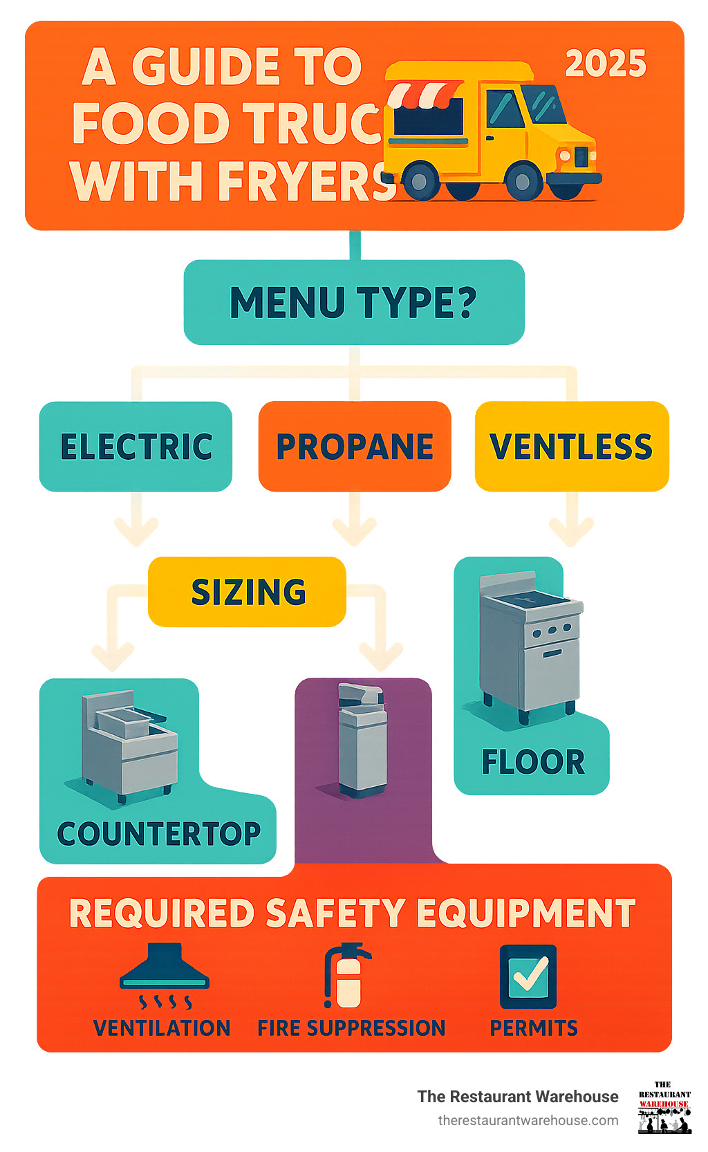 Infographic showing food truck fryer decision tree: starting with menu type, leading to fryer type selection (electric, propane, or ventless), then sizing considerations (countertop vs floor model), and ending with required safety equipment (ventilation, fire suppression, permits) - food truck with fryers infographic 