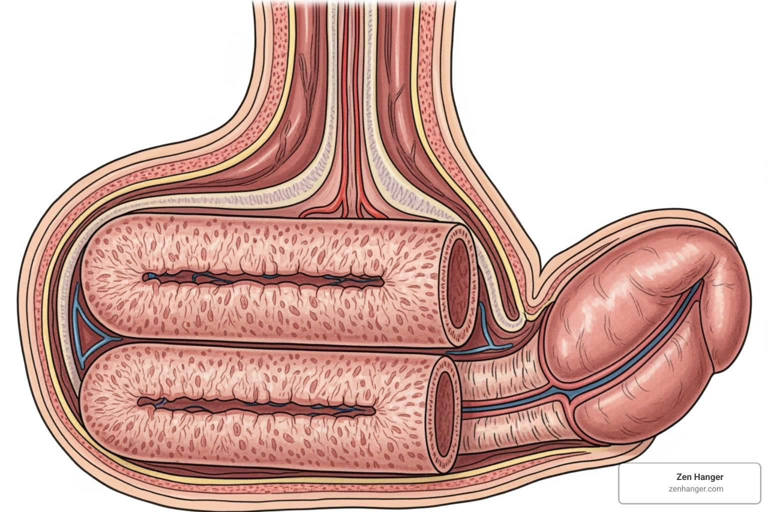 a diagram showing the anatomy of the penis, including the suspensory ligament and corpora cavernosa - penis enlargement natural methods