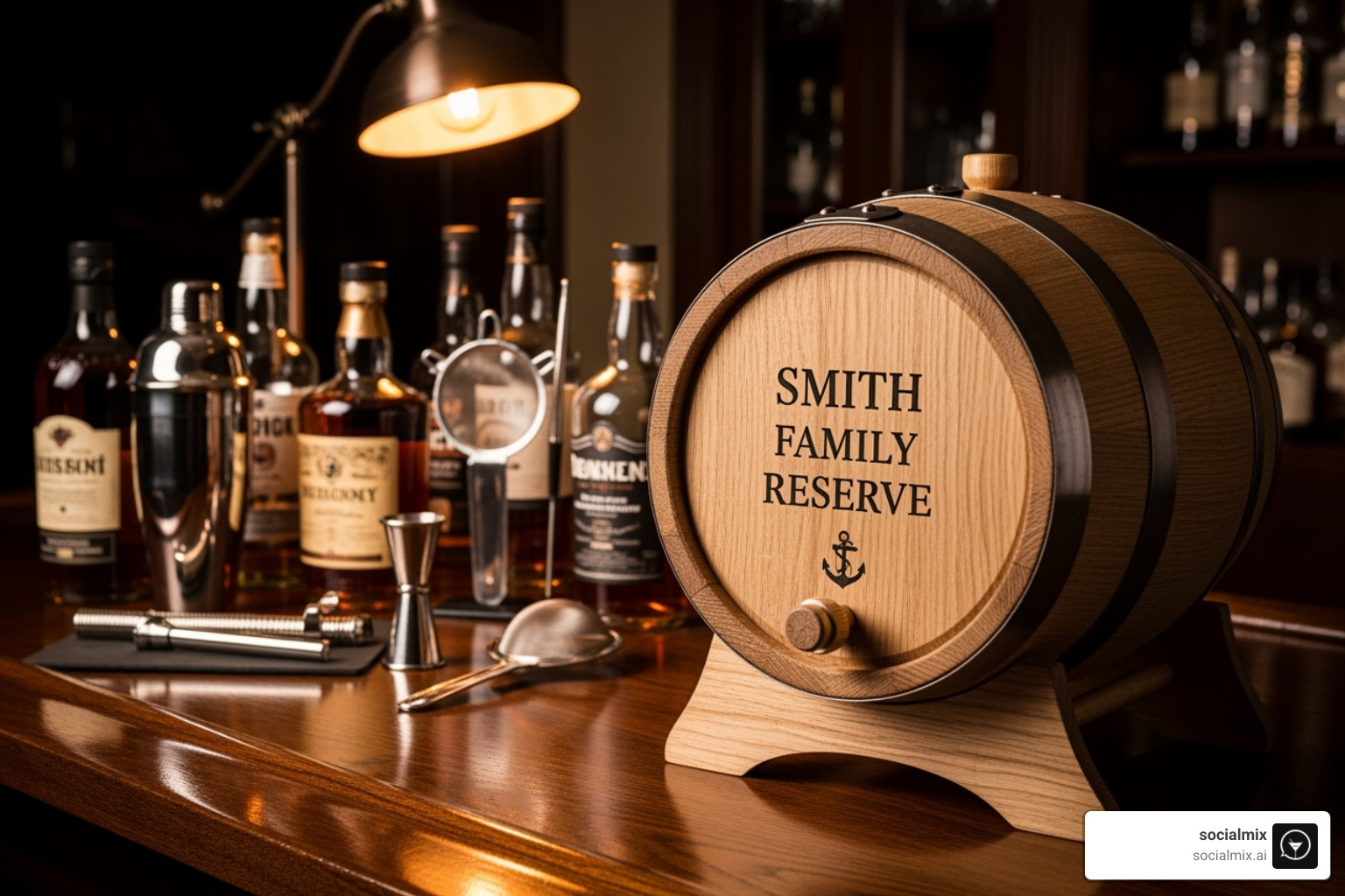 personalized oak aging barrel on a home bar - christmas gifts for mixologists