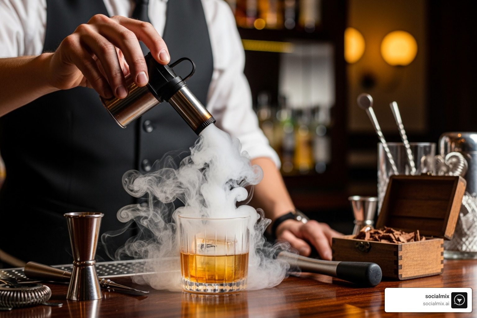 mixologist using a cocktail smoker to infuse a drink - christmas gifts for mixologists