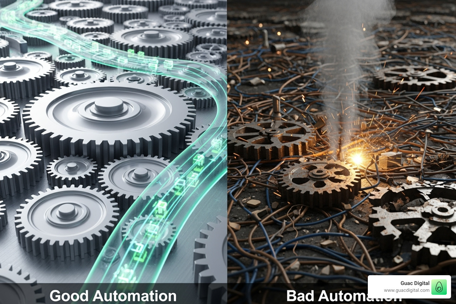 Split-screen showing a good vs. bad automation strategy - marketing automation roi