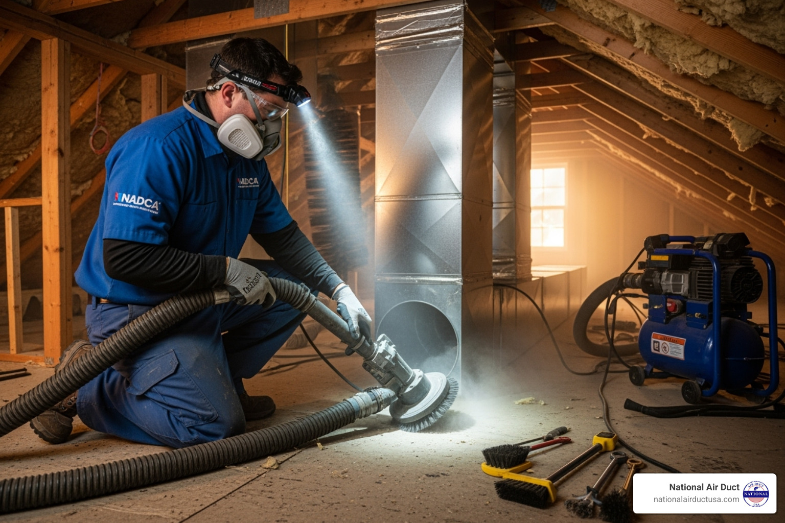 NADCA-certified technician using a high-powered vacuum and brush system on a home's air ducts - Clean ventilation system