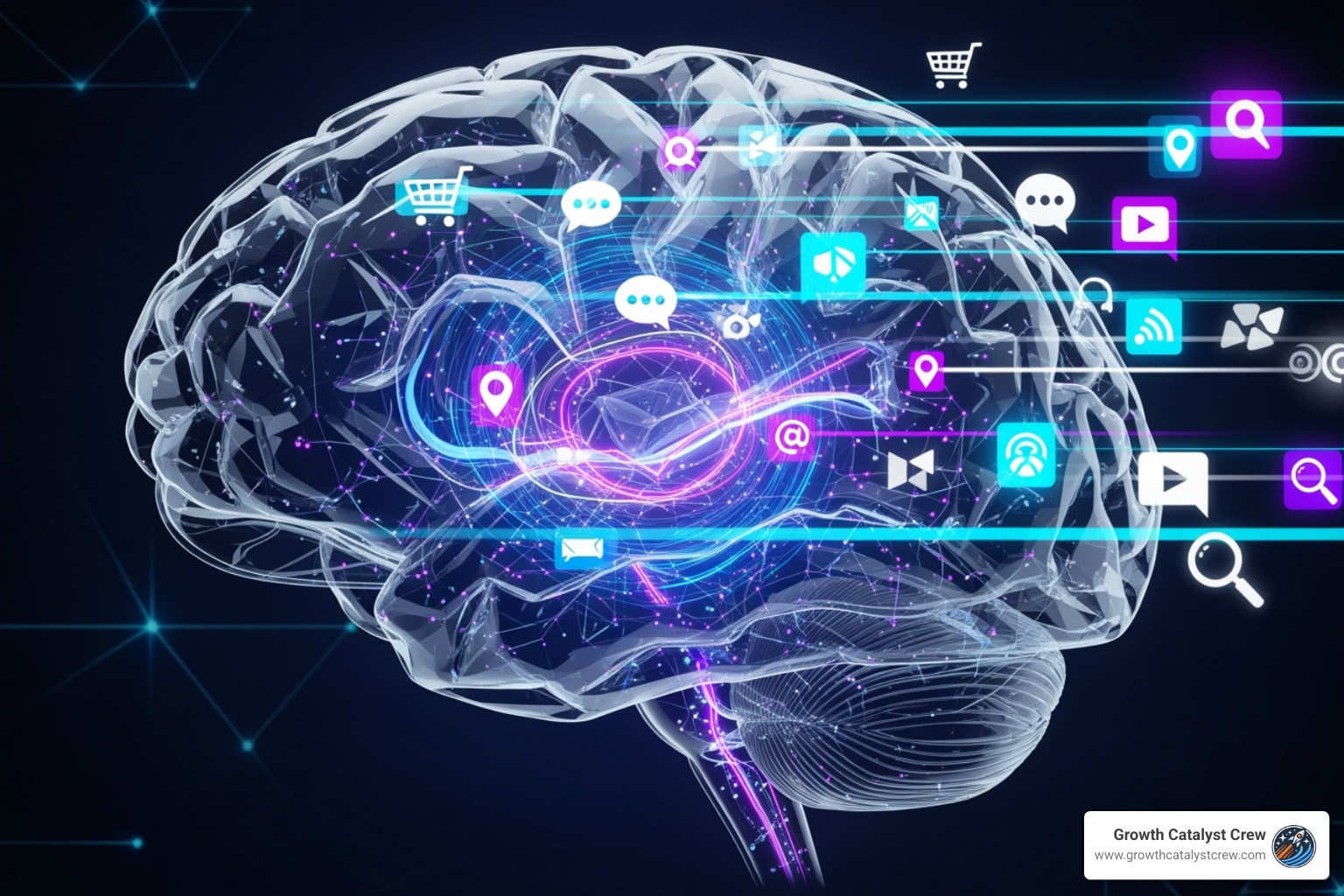 a brain-like network processing different data types (icons for shopping carts, text, location pins) - AI based audience targeting