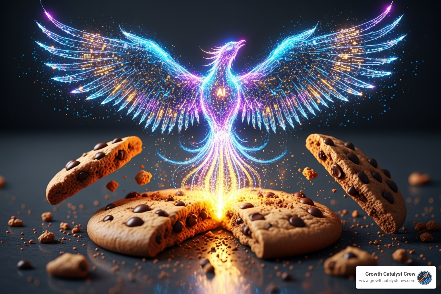 a crumbling cookie with a rising "AI" phoenix - AI based audience targeting