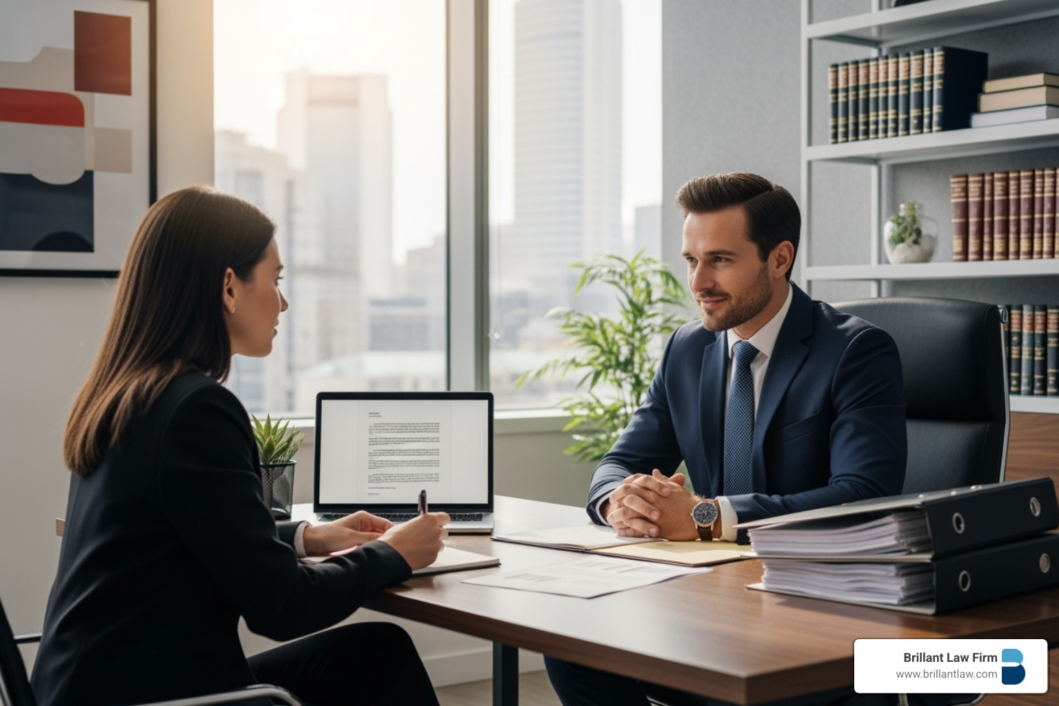 lawyer confidently speaking with a client in an office setting - business tax dispute lawyer