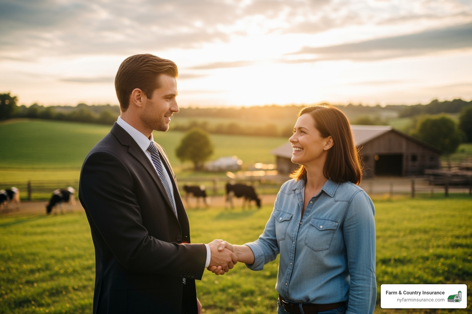 Confident insurance agent shaking hands with a happy client on a farm - insurance certification
