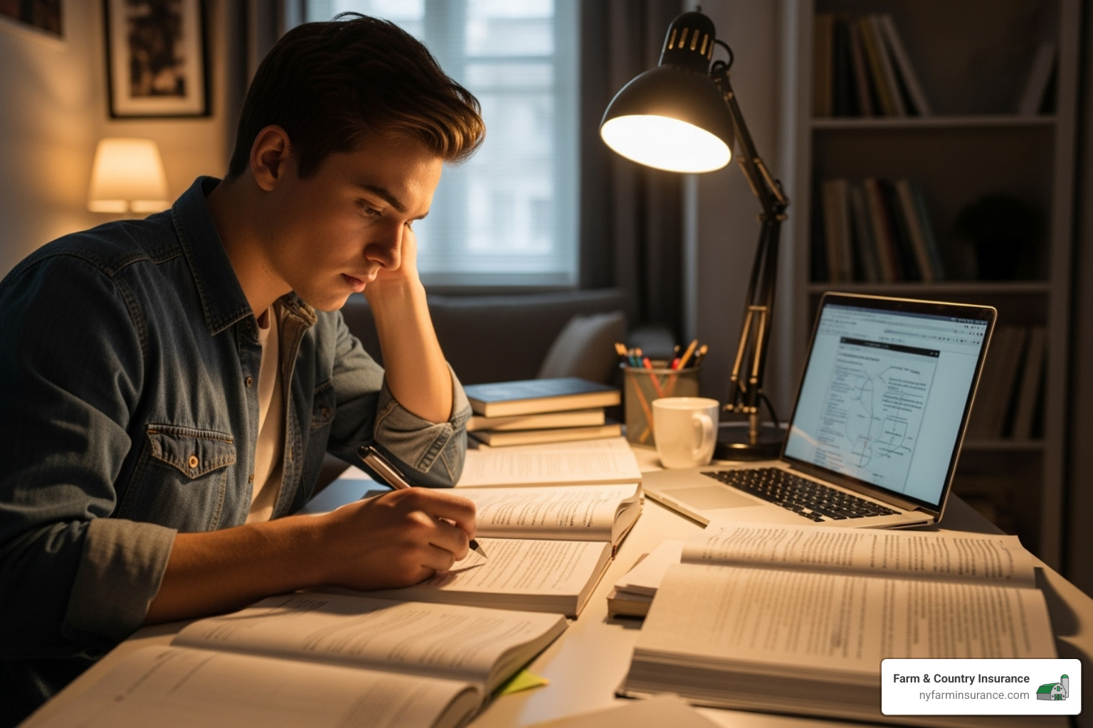 A person studying diligently for an exam with books and a laptop - insurance certification