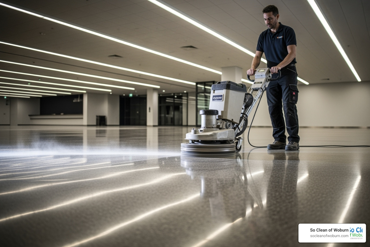 professional using a floor buffer on a shiny commercial floor - Medford janitorial services professional using a floor buffer on a shiny commercial floor - Medford janitorial services