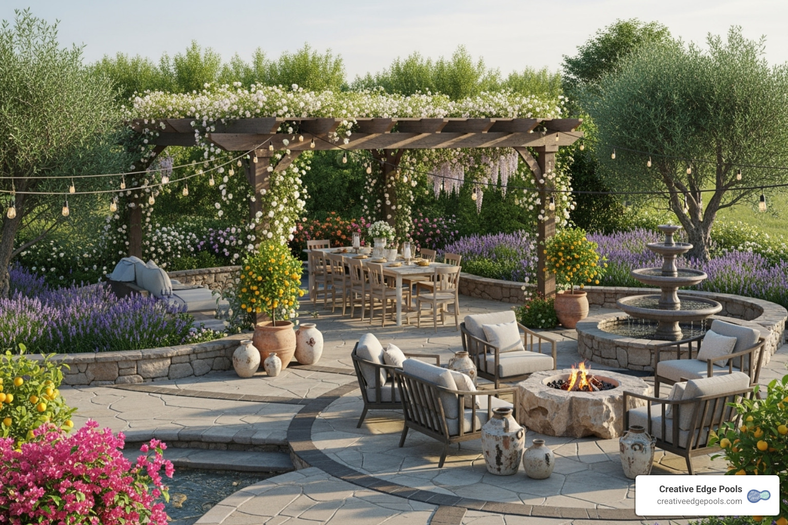 beautifully landscaped patio area where a pool once was - how much will it cost to fill a pool