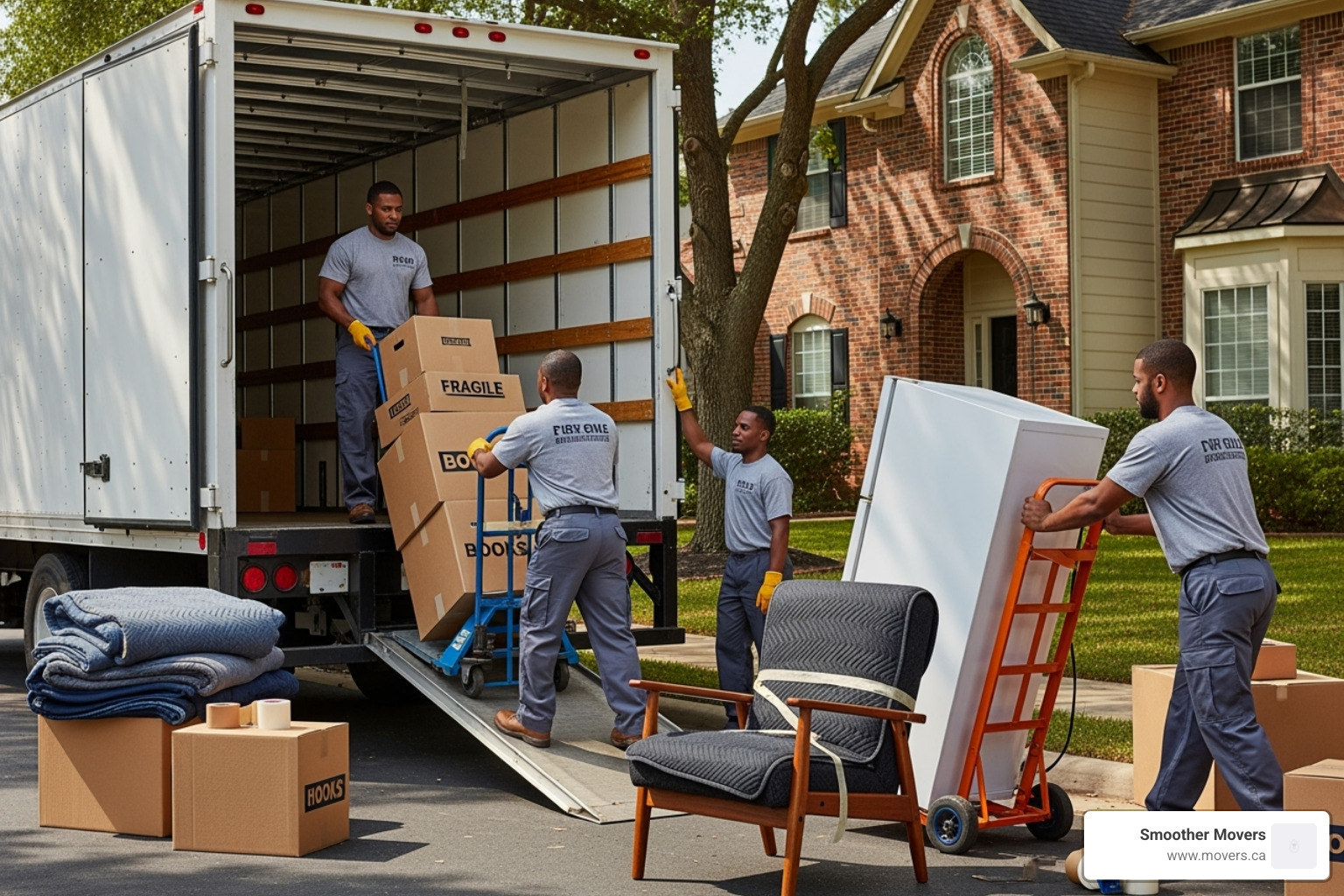 Uniformed, professional movers loading a truck with specialized equipment - moving services vancouver bc
