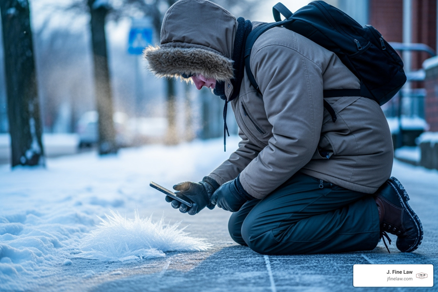 person taking photo of icy patch - philadelphia ice slip and fall lawyer