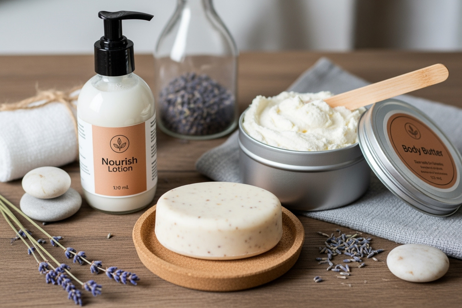 A beautifully arranged selection of sustainable lotion products, including a solid lotion bar, a liquid lotion in a glass bottle, and a body butter in a metal tin, showcasing variety and eco-friendly design. - sustainable lotion brands