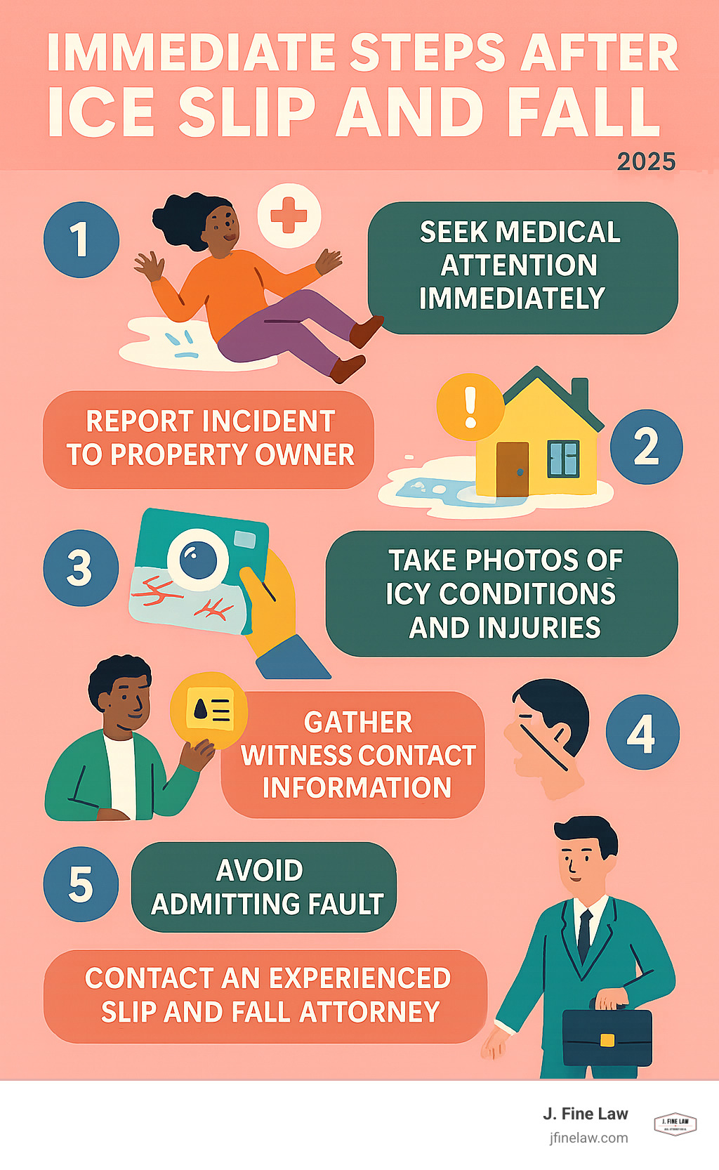 Infographic showing immediate steps after ice slip and fall: 1) Seek medical attention immediately, 2) Report incident to property owner, 3) Take photos of icy conditions and injuries, 4) Gather witness contact information, 5) Avoid admitting fault, 6) Contact an experienced slip and fall attorney - philadelphia ice slip and fall lawyer infographic 