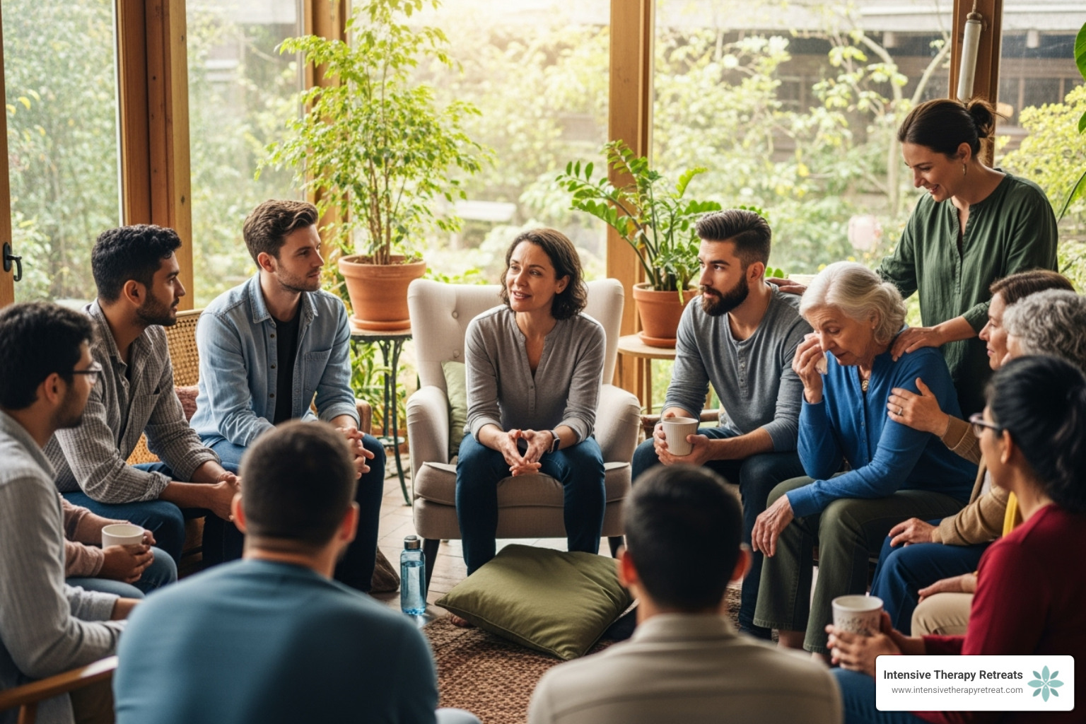 diverse group of people in a supportive group therapy setting - healing emotional wounds retreat