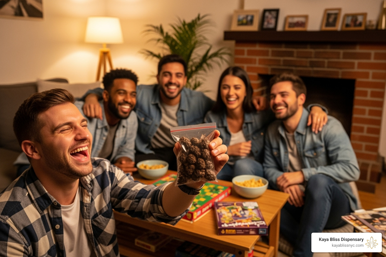 friends laughing with chocolate nugs - chocolate nugs