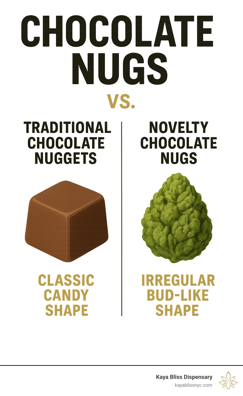 Infographic showing the difference between traditional chocolate nuggets (blocky, brown, classic candy shape) and novelty chocolate nugs (green-tinted, irregular bud-like shape with realistic cannabis appearance) - chocolate nugs infographic 