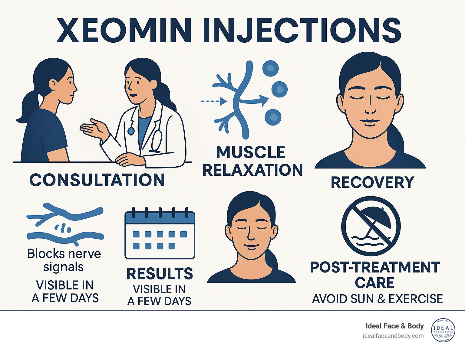 Detailed infographic showing the step-by-step Xeomin injection process from consultation through recovery, including muscle relaxation mechanism, treatment areas on the face, timeline of results, and post-treatment care instructions - xeomin injections infographic 