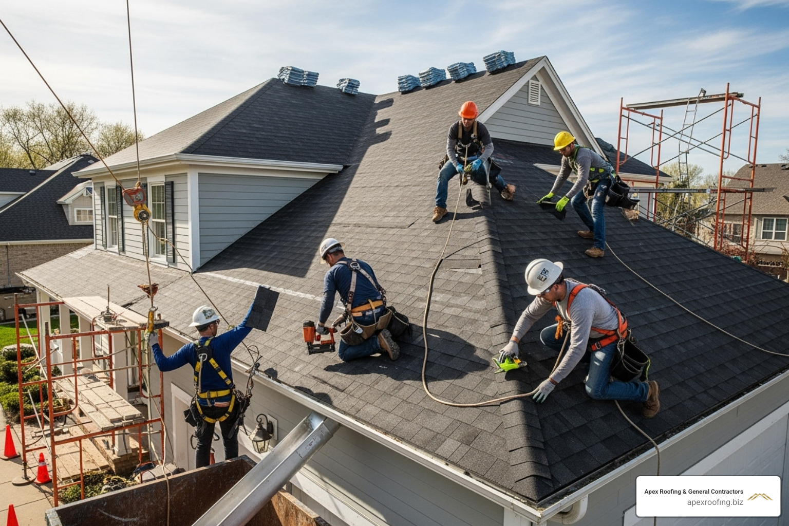 roofing crew safely working on a roof installation - roof installation services